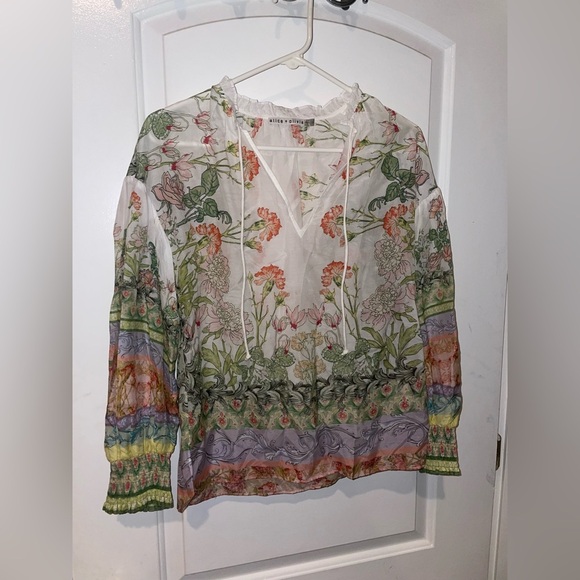 New! Alice + Olivia Julius Floral Blouson Sleeve Tie Front Top 🌻 XS - Picture 8 of 10